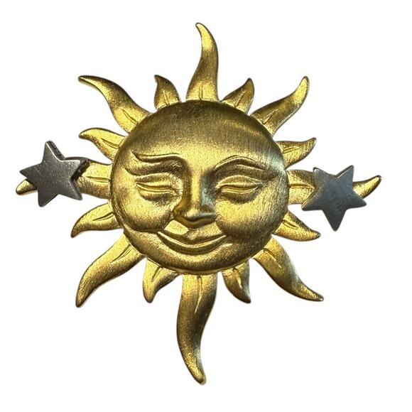 Vintage JJ Jonette Brooch Signed Gold Tone Celestial Sun Star Earrings Lapel Pin - Picture 2 of 7